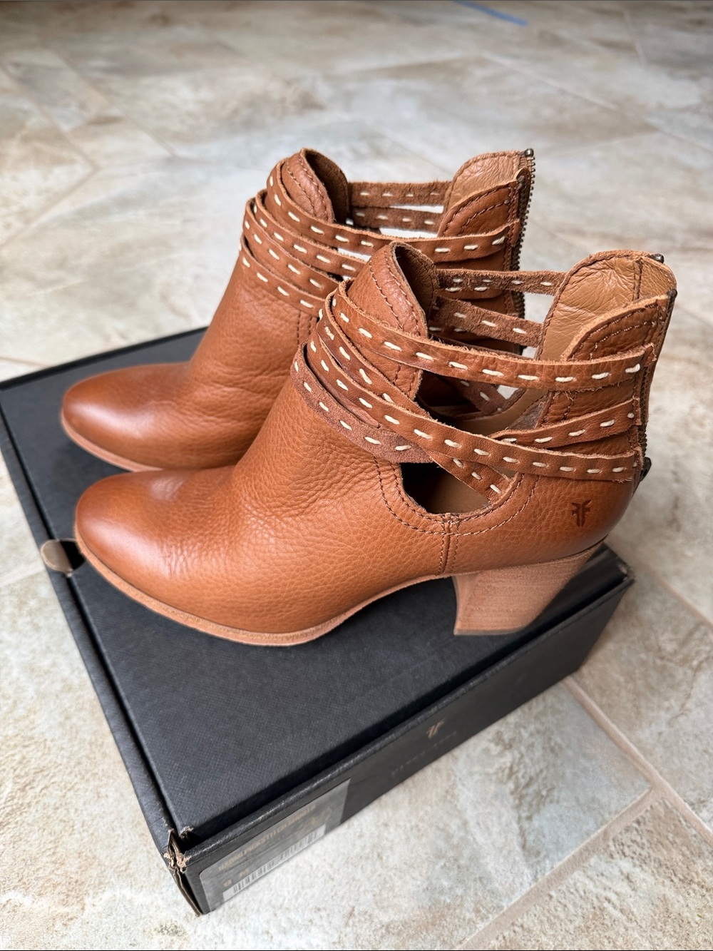 Frye Cognac Leather Cutout Ankle Booties with Stitched Wrap Straps